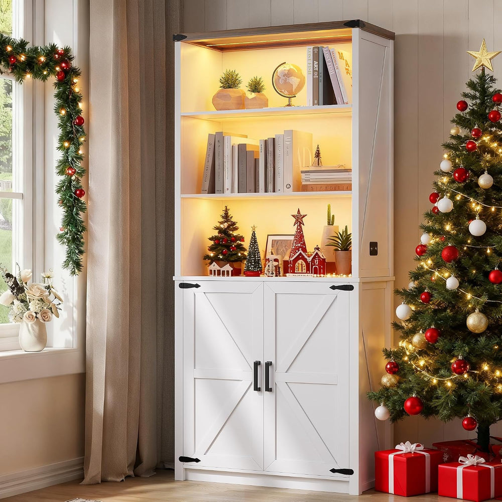 HWB Farmhouse 5-Tier Bookshelf with Doors and 3-Color LED Lights