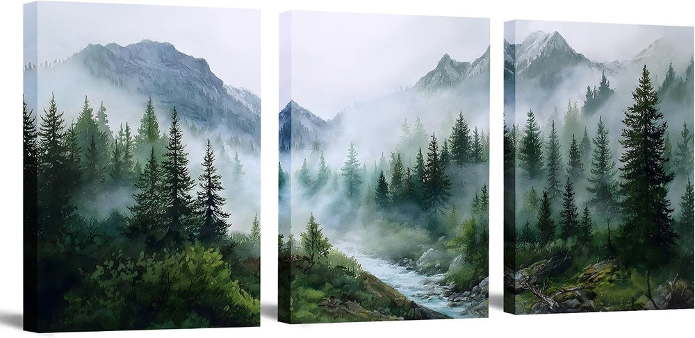 Trogonup Misty Forest Wall Art for Bathroom Green Mountain Landscape Canvas P...