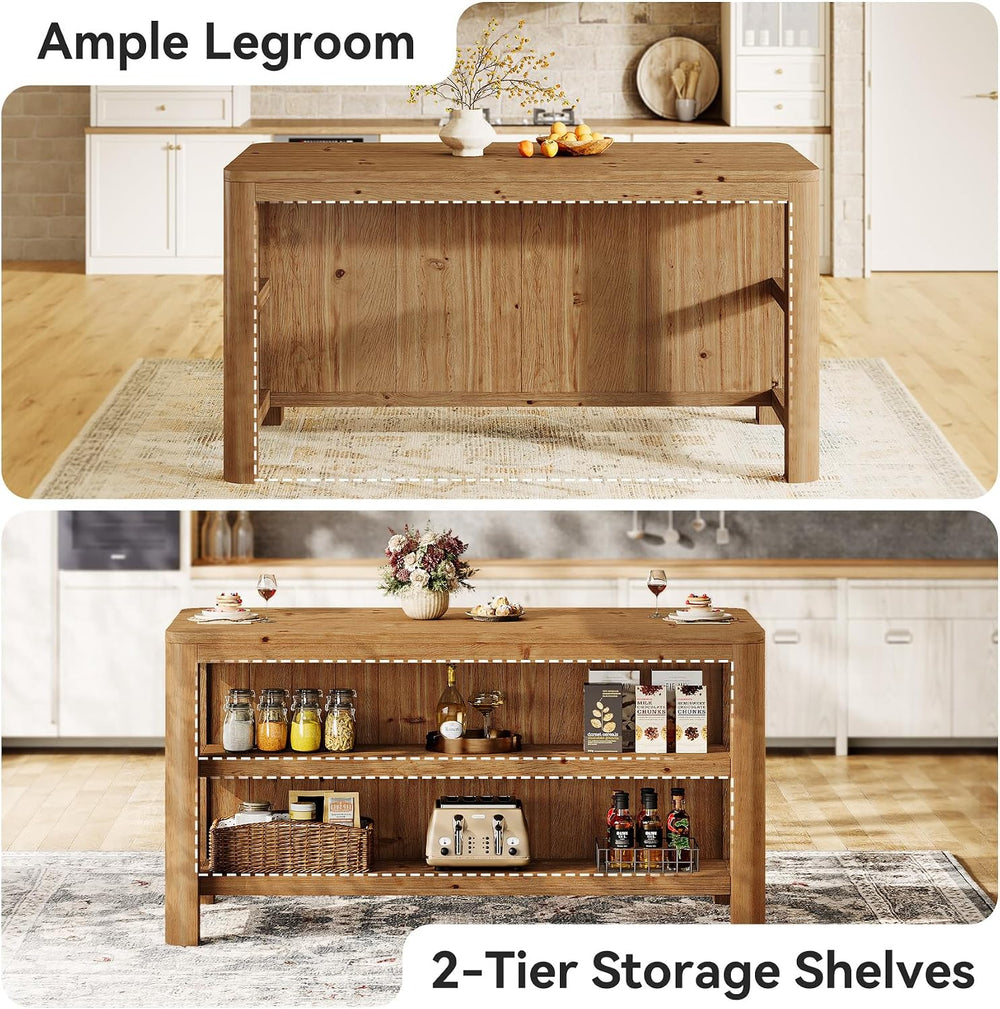 63" Solid Wood Kitchen Island with Storage Shelves, Easy Assembly | Farm...