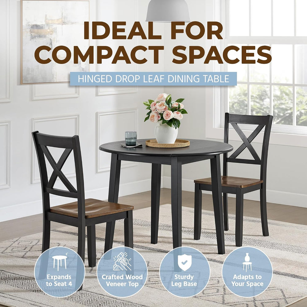 ROME + OAK Hinged Drop Leaf Dining Table, 22-36 Inch Round Tabletop with Stur...