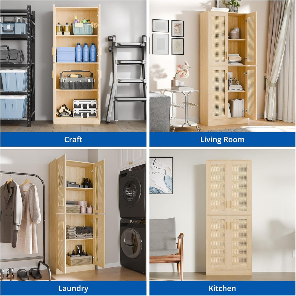 Cozy Castle Kitchen Pantry Cabinet, 71" Tall Rattan Doors Storage Cabine...