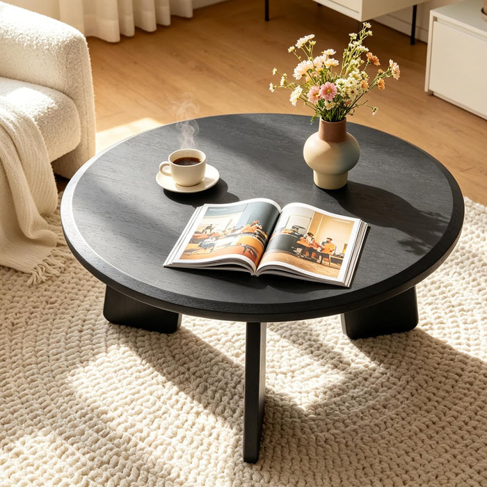 32 Inch Round Coffee Table, Solid Wood Center Table, Black