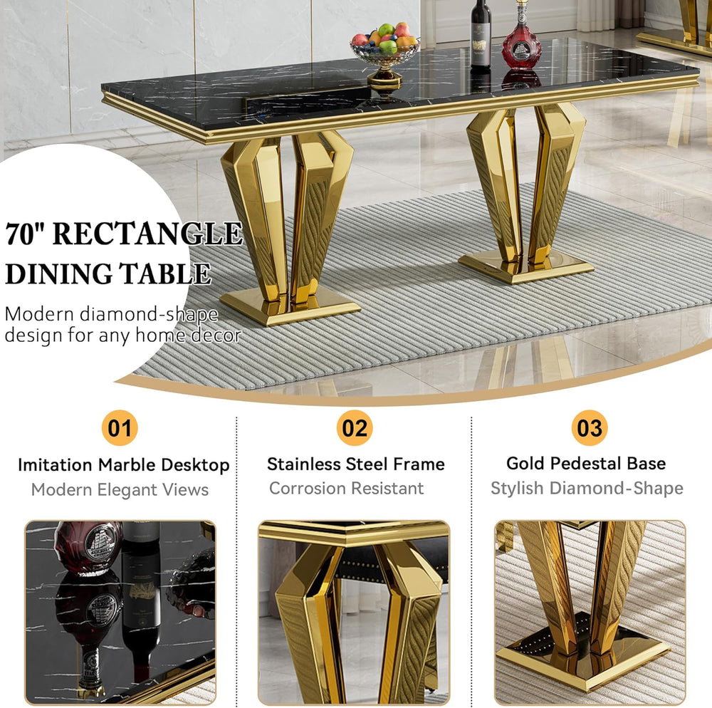 68" Faux Marble Dining Table Set for 6, Black Gold Dining Room Table wit...