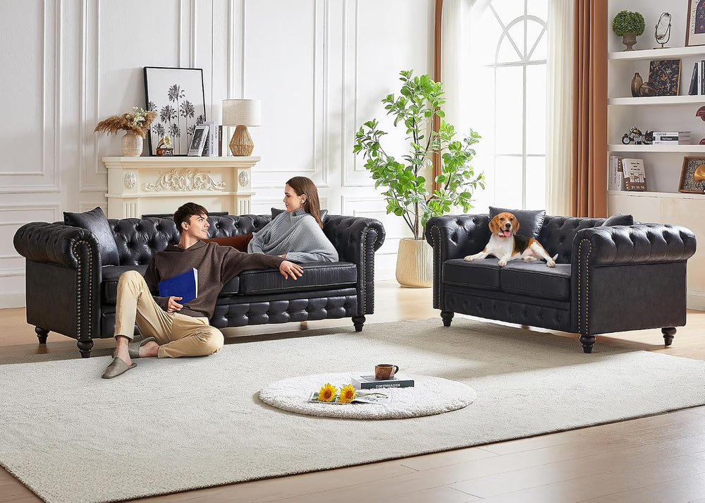 2 Piece Living Room Sofa Set,High-Tech Fabric Button Tufted Couch and Lovesea...