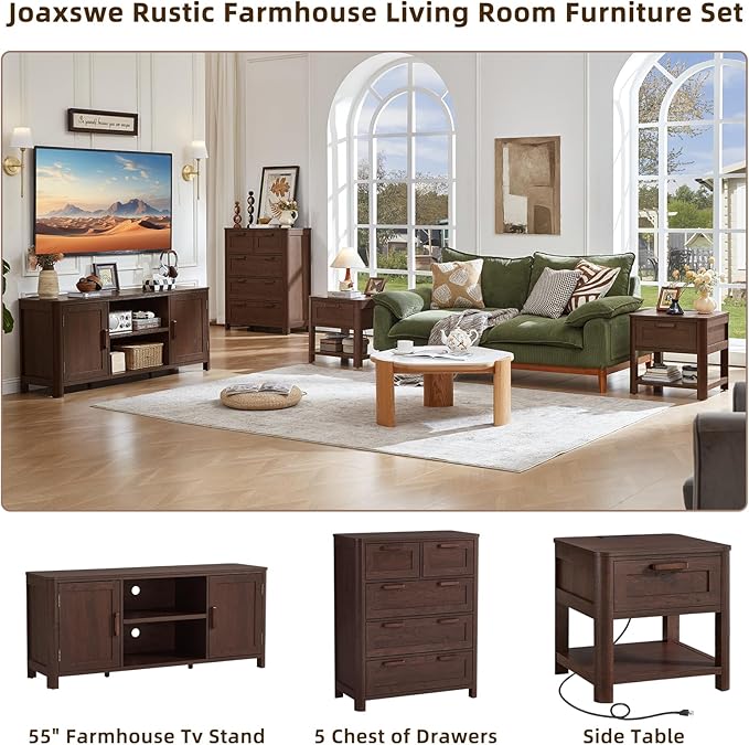 Farmhouse 55" Entertainment Center,Walnut Tv Stand with Adjustable Shelv...