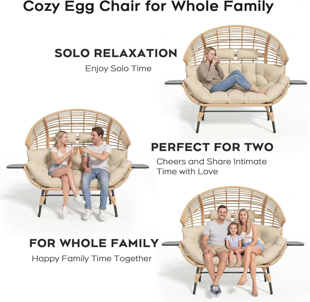 Double Wicker Egg Chair Outdoor Indoor - 2-Person Oversized Loveseat with 8&q...