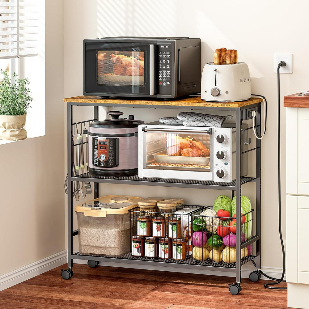 3 Tier Rolling Kitchen Microwave Cart with Power Outlet, 33 Inch Microwave Ta...