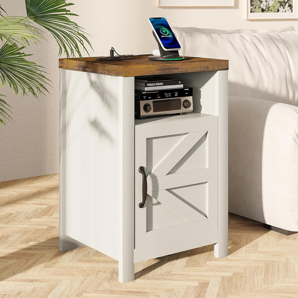 MXV Farmhouse Nightstands with Charging Station, End Tables Set of 2 with Bar...