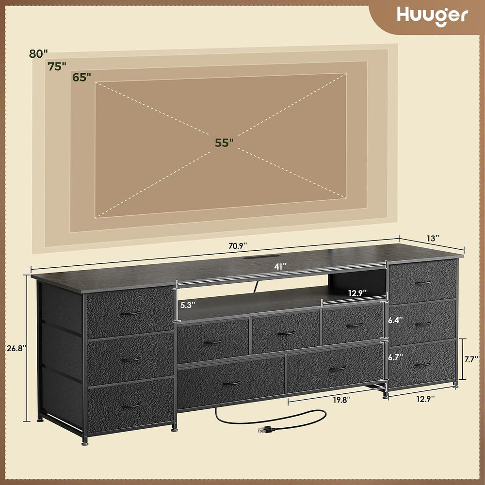 Huuger 70 Inch TV Stand for 75, 80 Inch TV, 11 Drawer Long Dresser with Power...