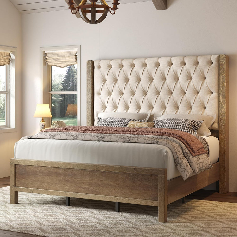 Jocisland Queen Size Solid Wood Bed Frame,57" Wingback Headboard,Gray Wash
