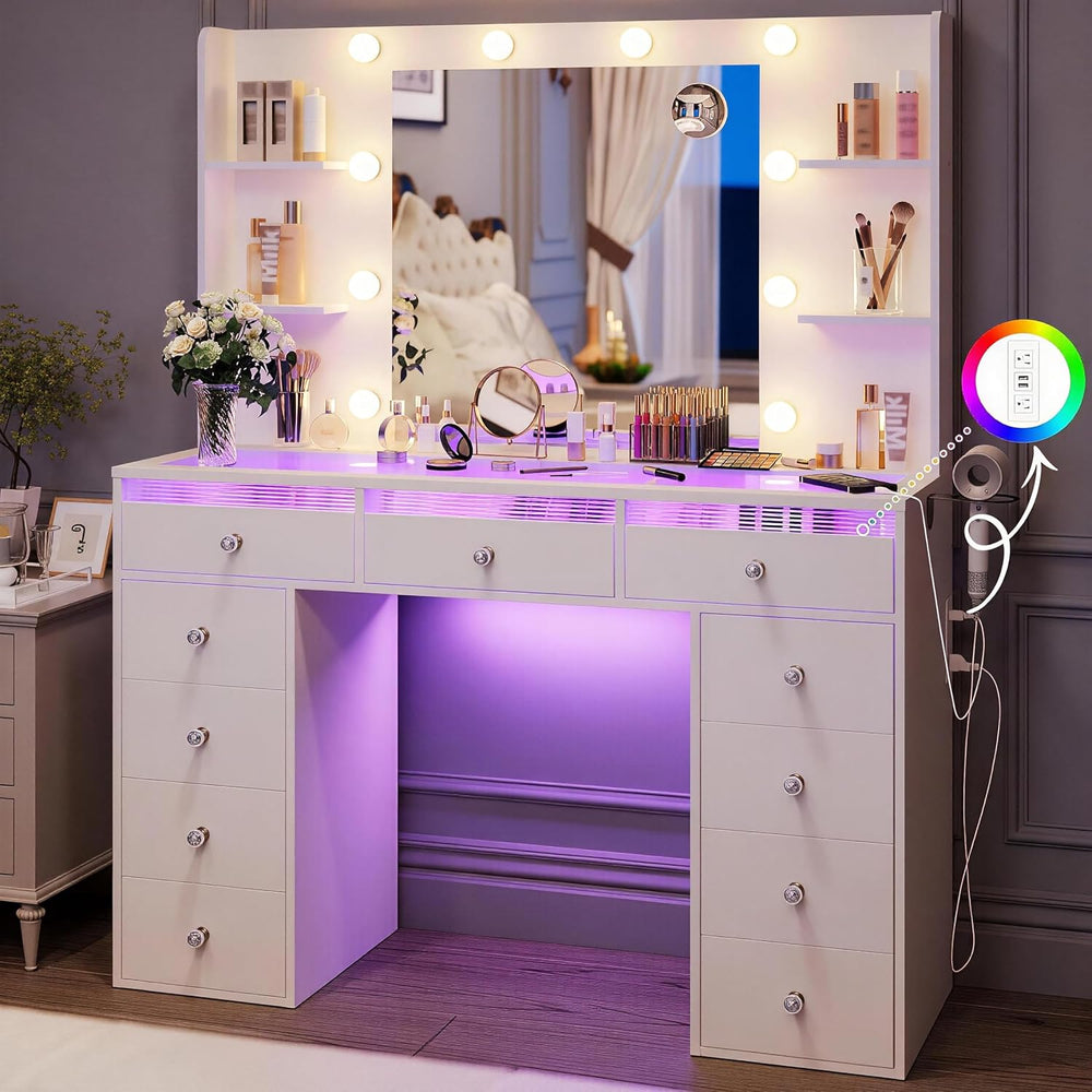 Makeup Vanity Glass Top, White Vanity Desk, Dressing Table, 23.5" Mirror...