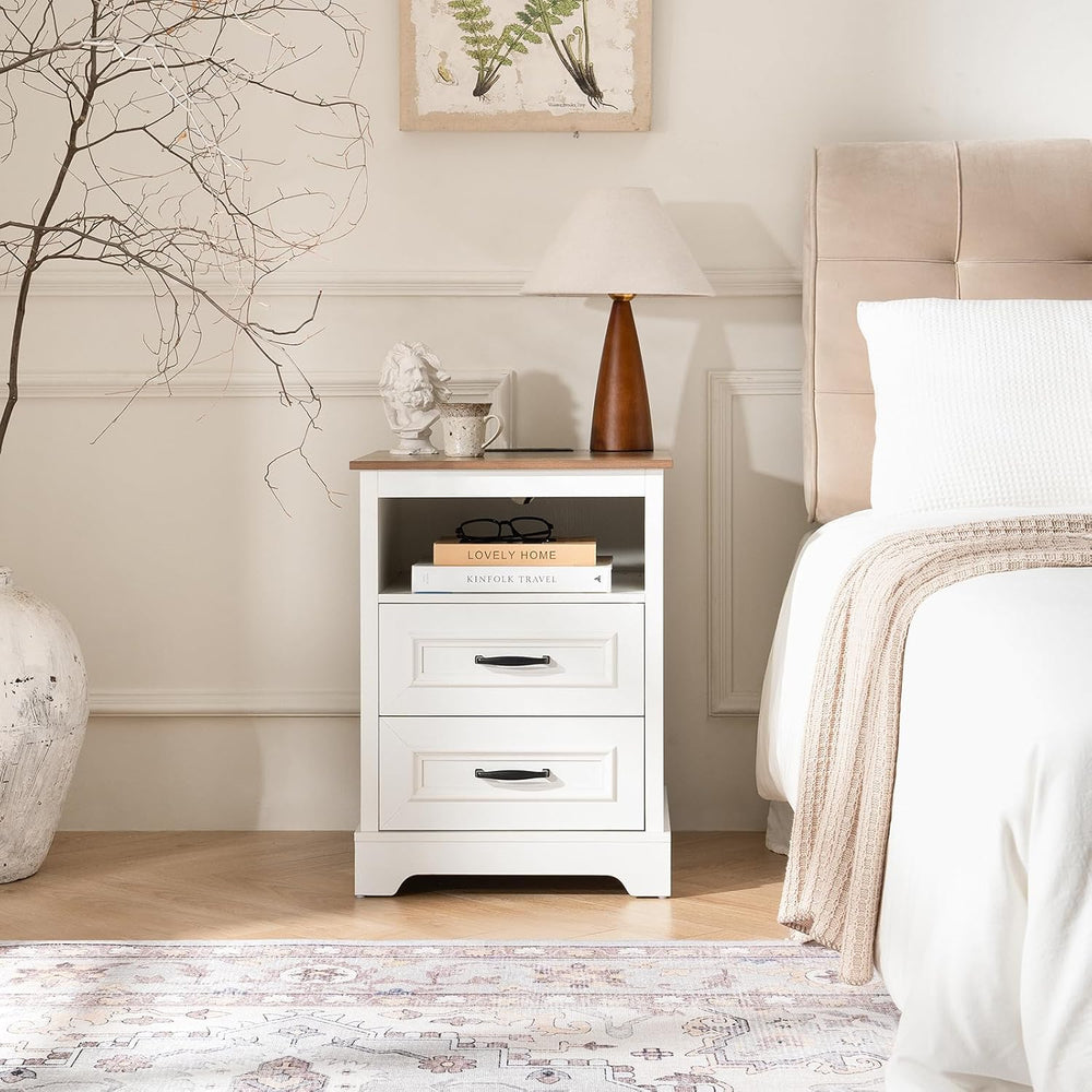 Farmhouse Nightstand with Charging Station, Wood Night Stand with Drawers, Be...