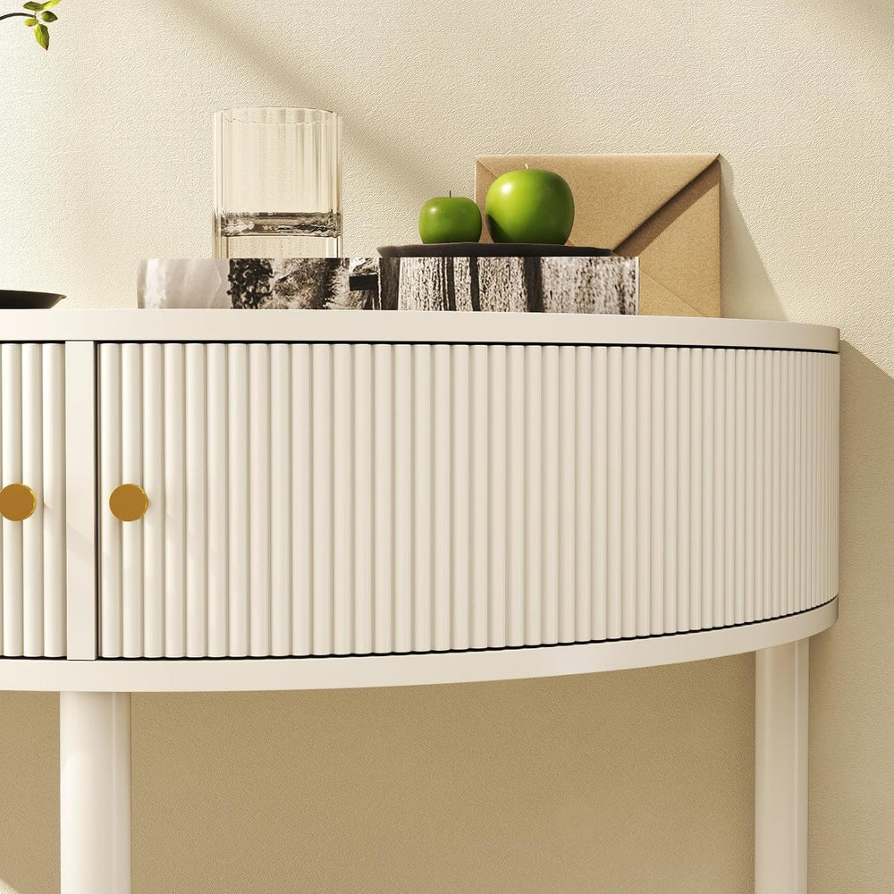Entryway Table, Artisan-Crafted Half Moon Fluted Console Tables with 2 Rattan...