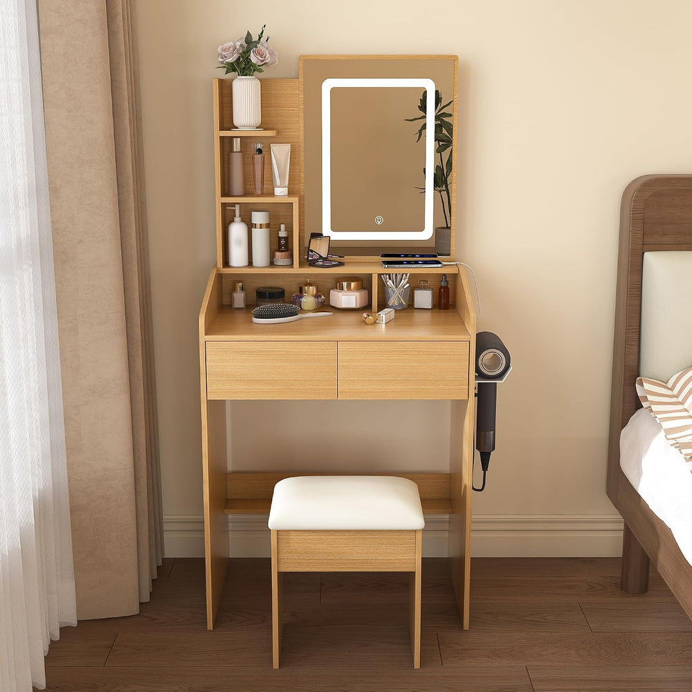 Small Makeup Vanity Desk with Light and Mirror,23.6" Compact Make up Dre...
