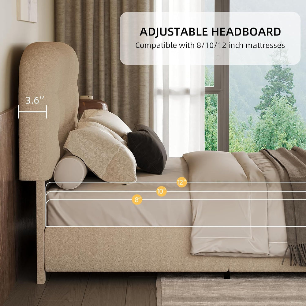 BarnFurin Full Bed Frame with Soft Curved Boucle Headboard, Cream