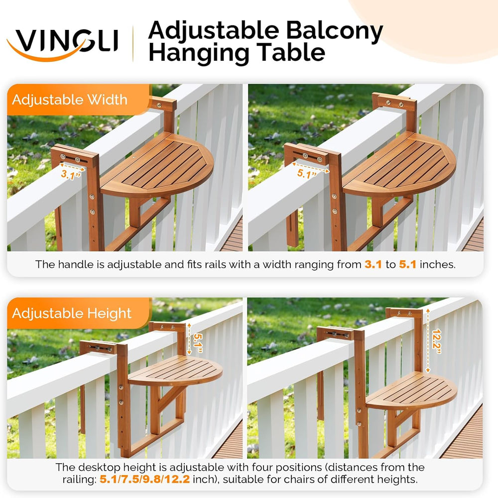 VINGLI 22in Acacia Wood Folding Balcony Hanging Table – Adjustable Height &am...