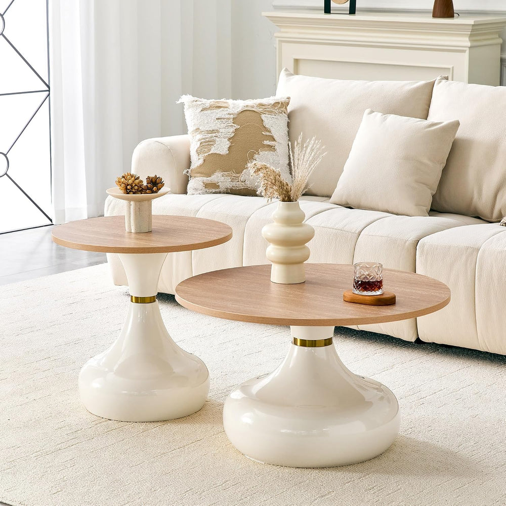 2-Piece Nesting Coffee Table Set, Light Wood Grain, Gold Metal Base | Nesting...