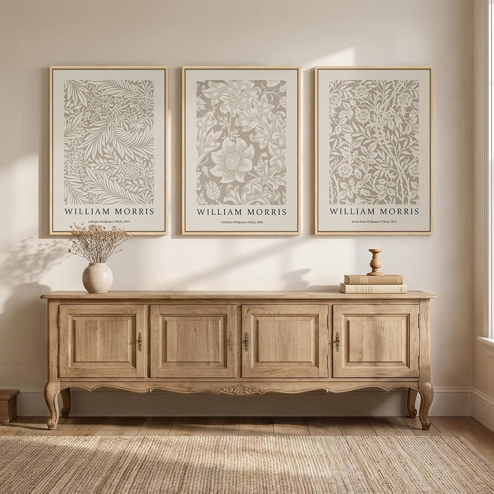 Large Framed William Morris Neutral Floral Wall Art for Living Room, 3 Pcs