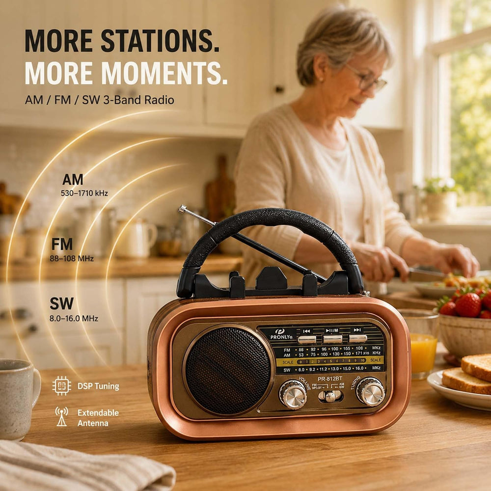 812BT Portable AM FM SW Radio with Bluetooth, TF Card/USB Playback