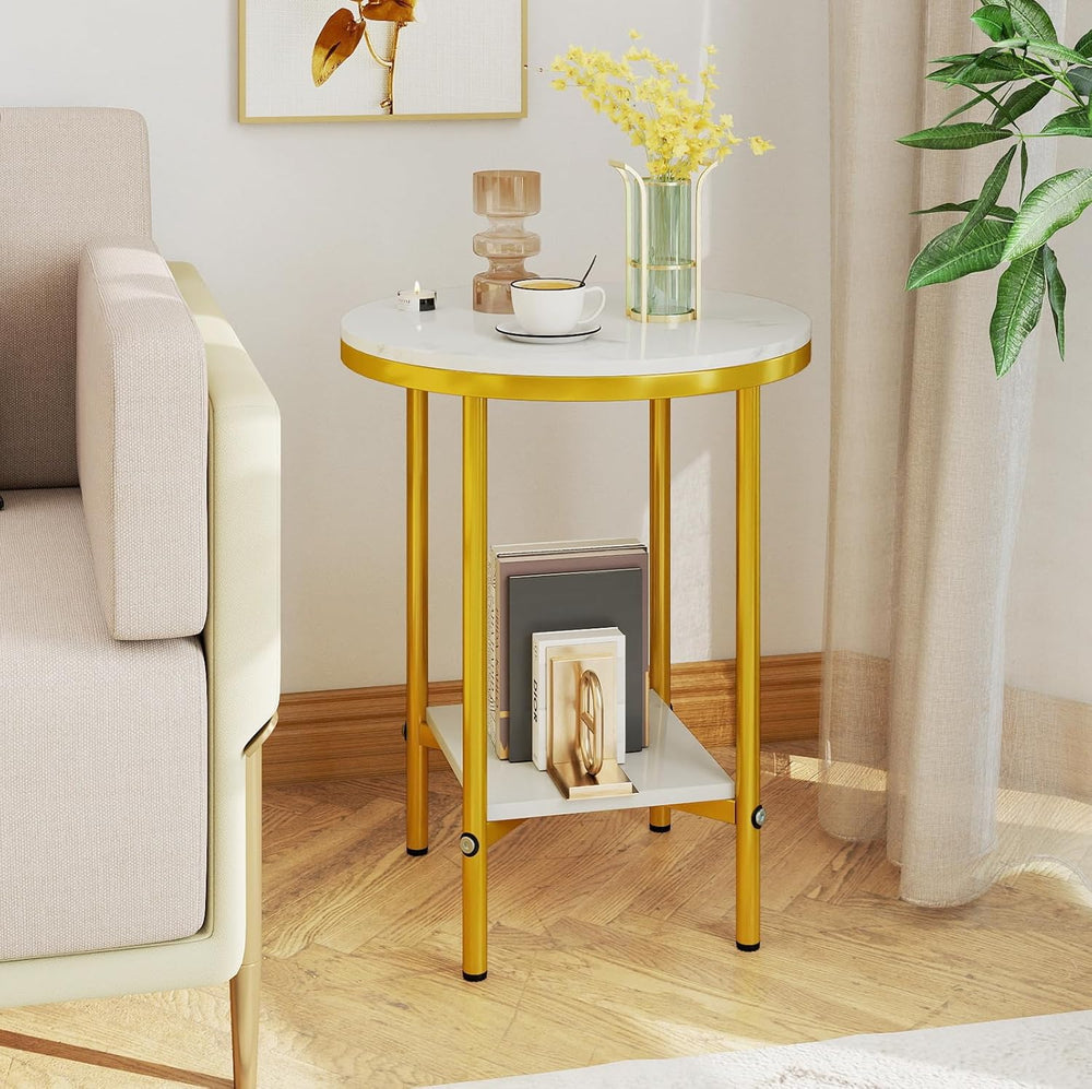 Giantex Round Side Table Set of 2, 2-Tier Faux Marble Bedside Night Stand w/M...