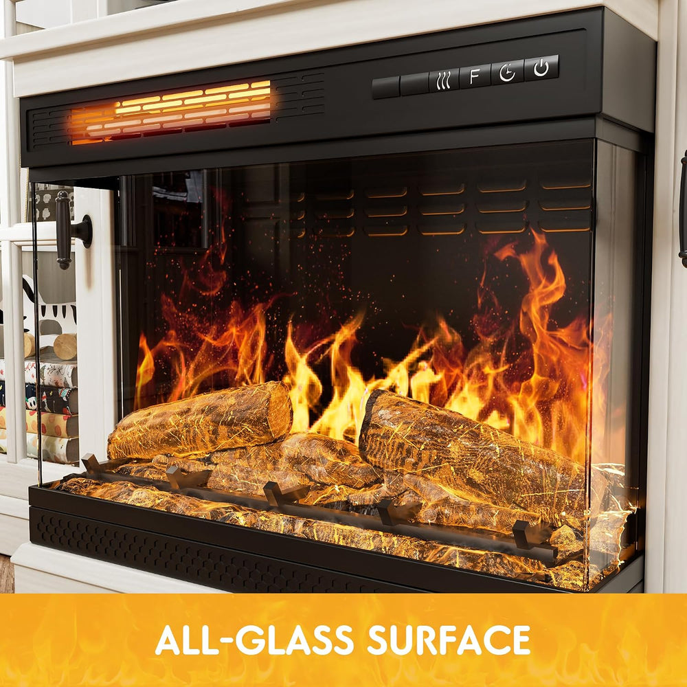 JUMMICO Fireplace TV Stand up to 65", 3-Sided Glass, Distressed White | ...