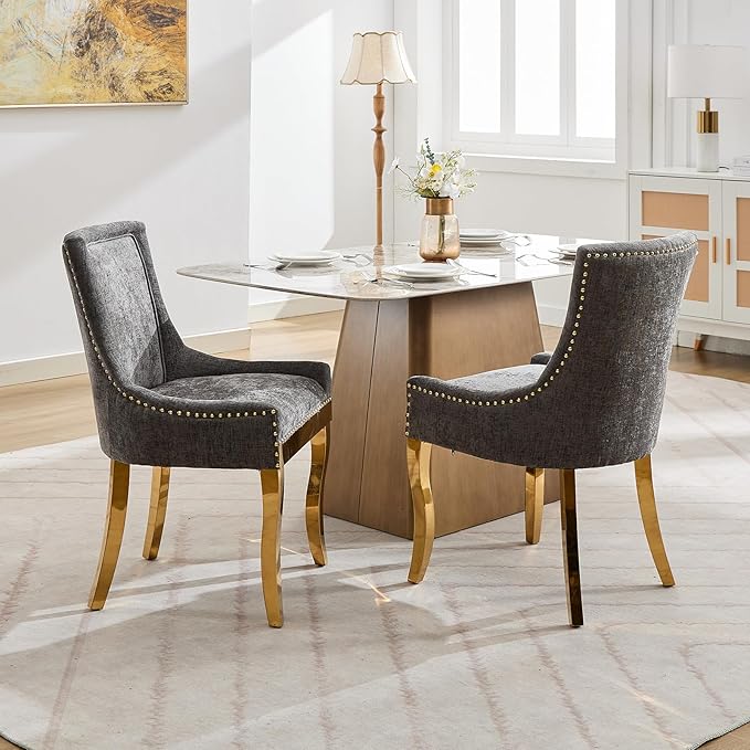 Upholstered Dining Chairs Set of 2, Modern Fabric Side Chairs with Gold Stain...
