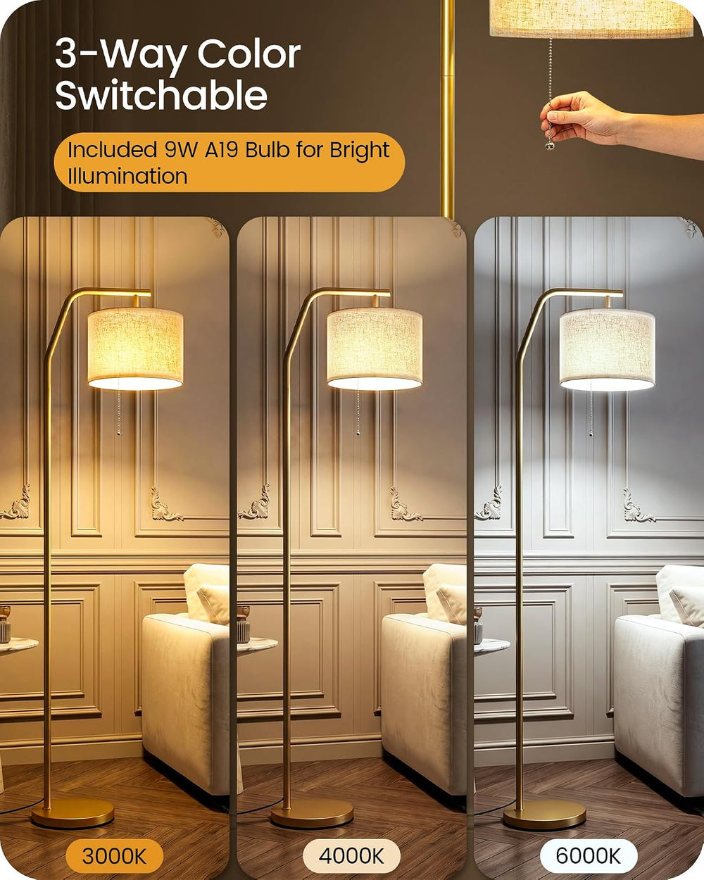 66.1" Tall Floor Lamps with 3 Color Temperatures Bulb & Adjustable L...