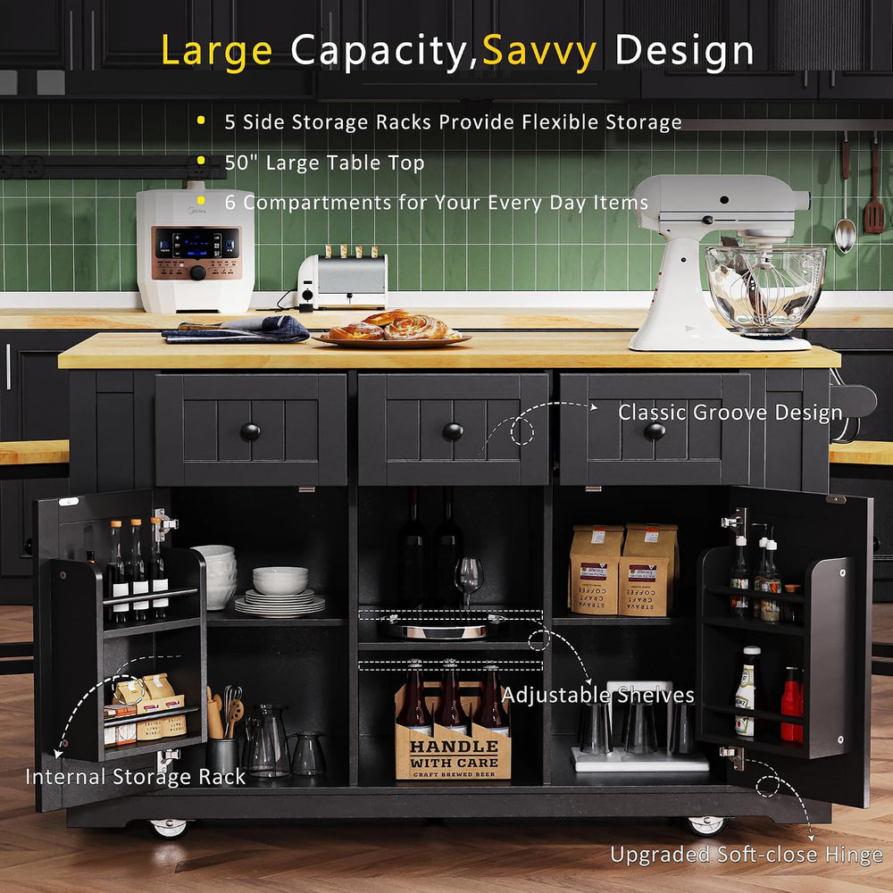 53" Kitchen Island with 2 Bar Stools, Large Rolling Kitchen Island on 5 ...