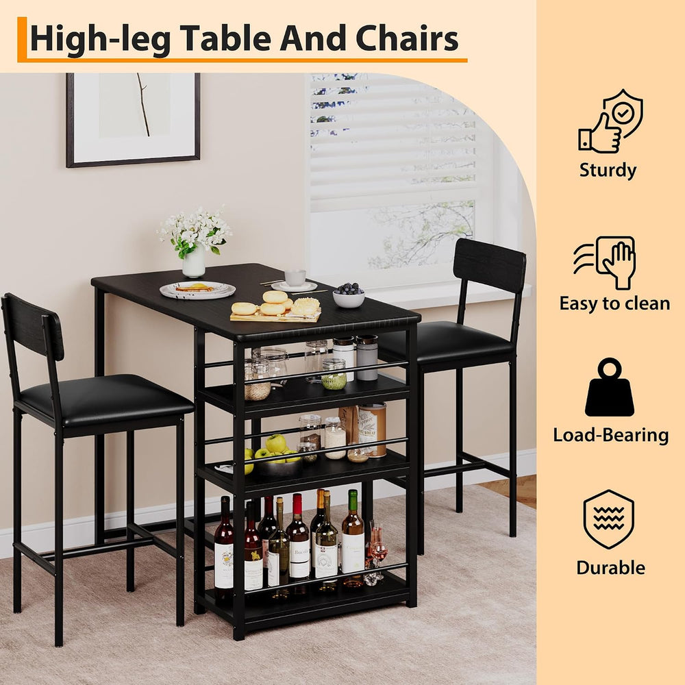 3 Piece Counter Height Dining Table Set for 2 with 3-Tier Storage Open Shelve...