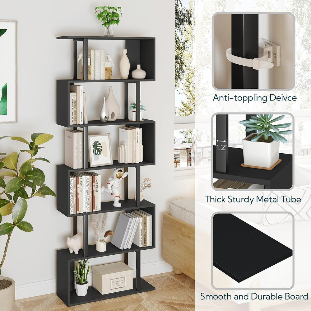 Yusong Geometric Bookcase, S Shaped Bookshelf 6-Tier Book Shelves for Bedroom...