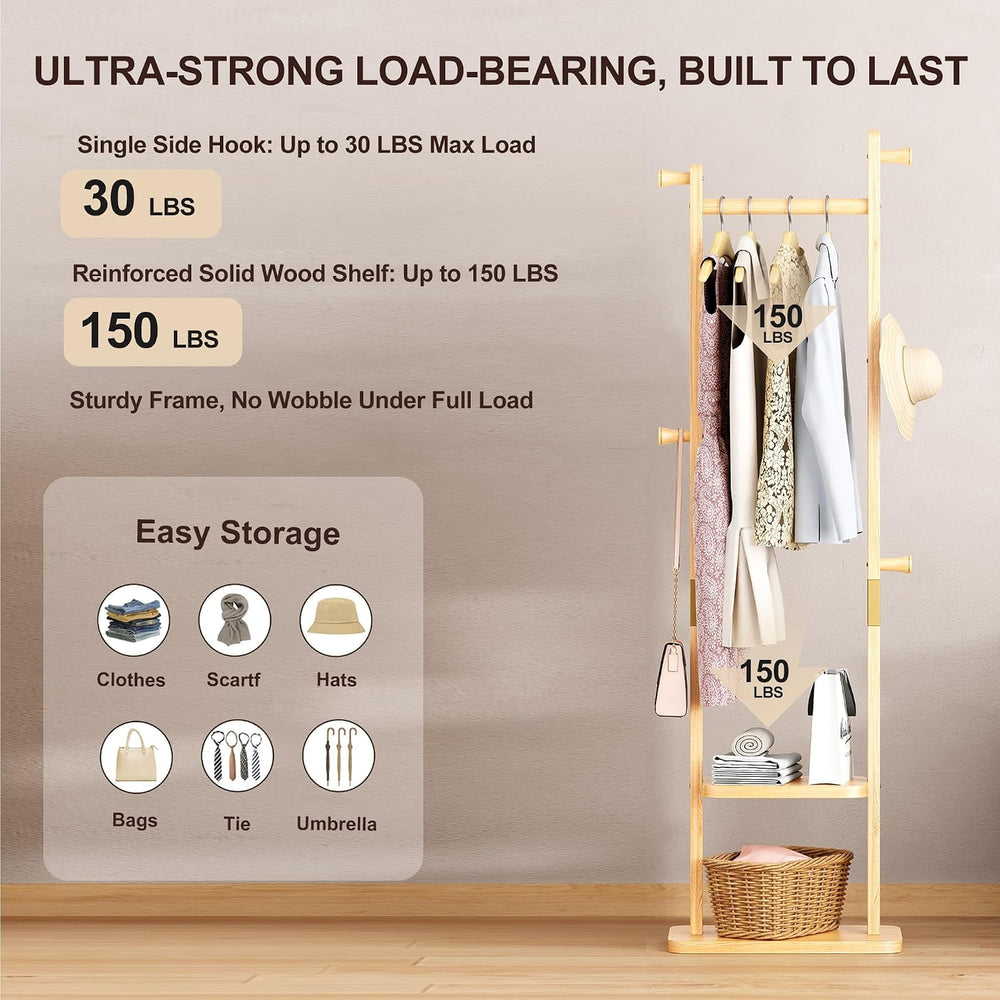 Solid Wood Coat Rack Freestanding, Clothing Rack with 5 Hooks & Bottom Sh...