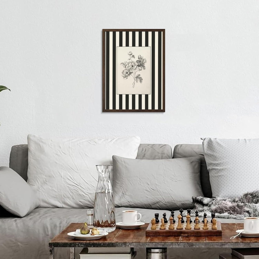 Framed Black and White Striped Wall Art Vintage Flower Pictures 16x24 In