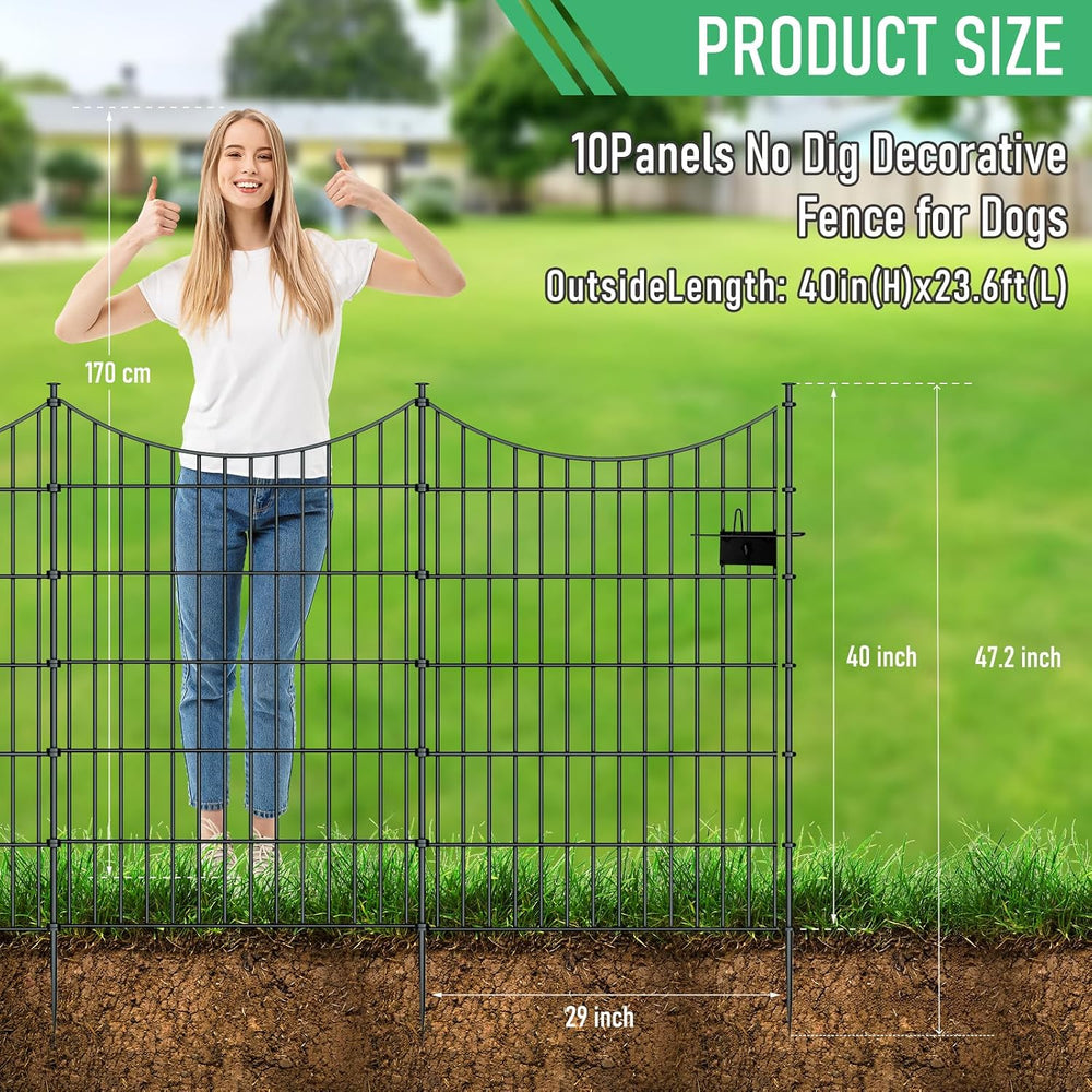 10‑Panel No‑Dig Metal Garden Fence 40"H x 23.6'L Dog Fence Outdoor f...