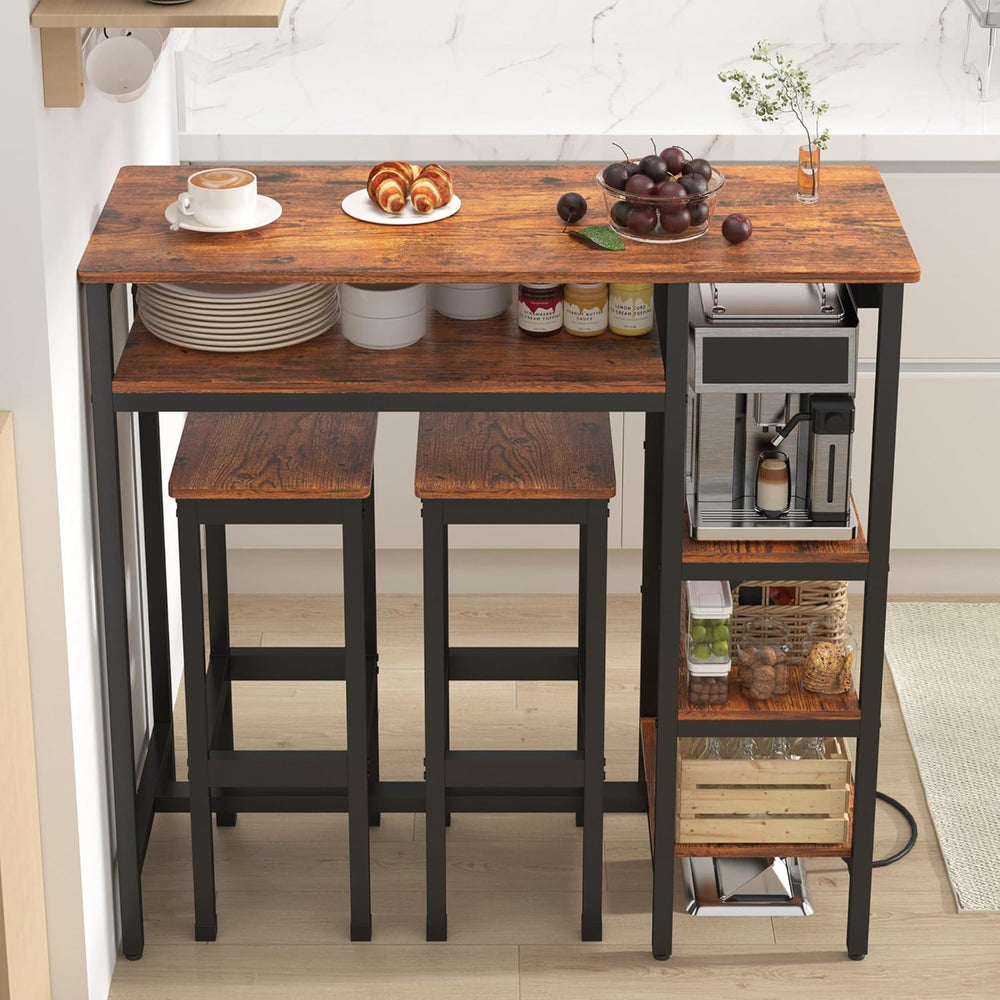 3-Piece Bar Table and Chairs Set,Counter Height Bar Table Set with Power Outl...