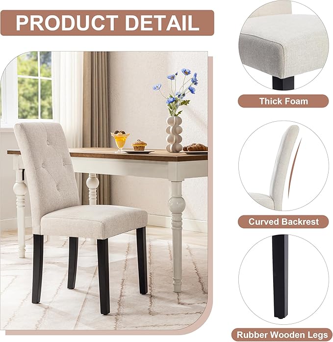 VECELO Upholstered Dining Chairs Set of 2, Modern Fabric and Solid Wood Legs ...