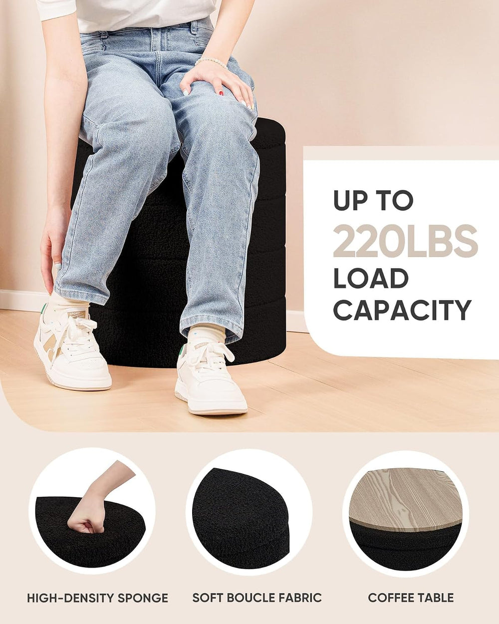 B FSOBEIIALEO Folding Storage Ottoman, Round Sherpa Ottomans, Black | 16.9&qu...