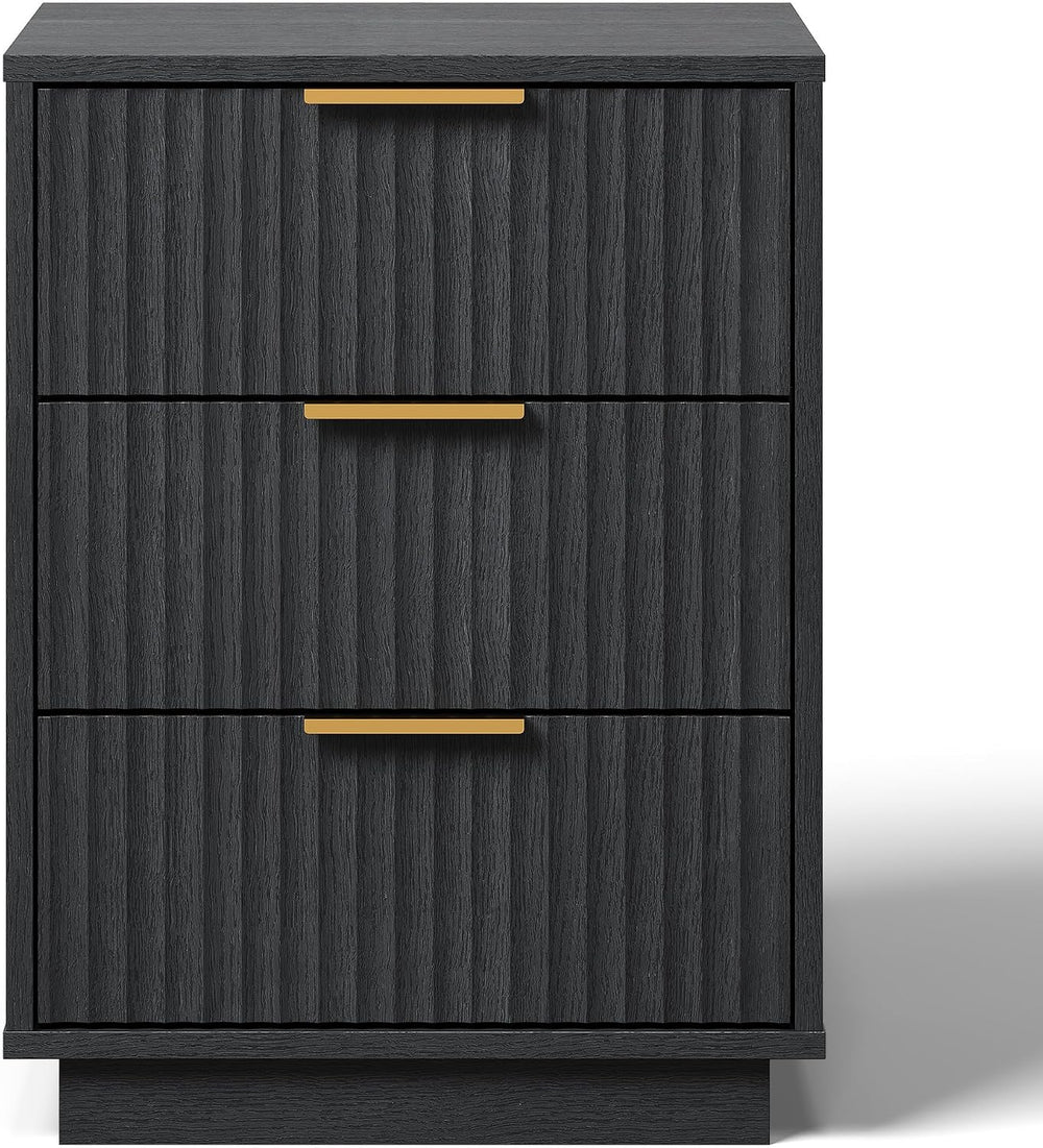 RoyalCraft Black Fluted Nightstand, Modern Bedside Table with 3 Large Storage...