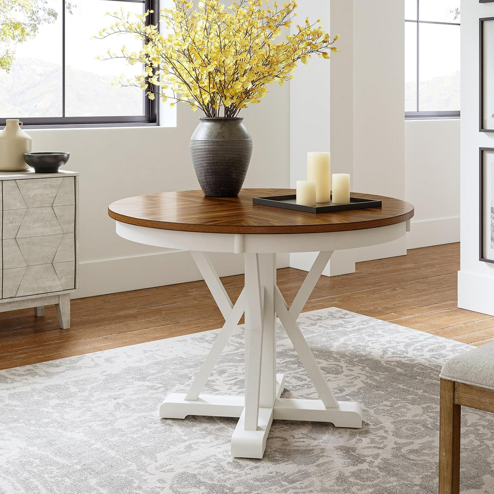 HULALA HOME Round Dining Table for 4, 42" Rustic Farmhouse Pedestal Tabl...