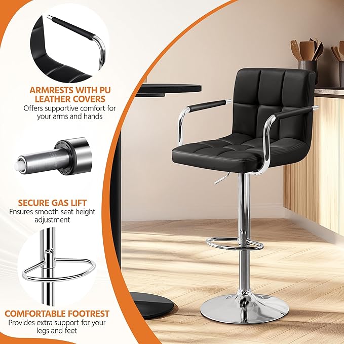 Yaheetech Bar Stools, PU Leather Adjustable Swivel Barstools, Hydraulic Kitch...