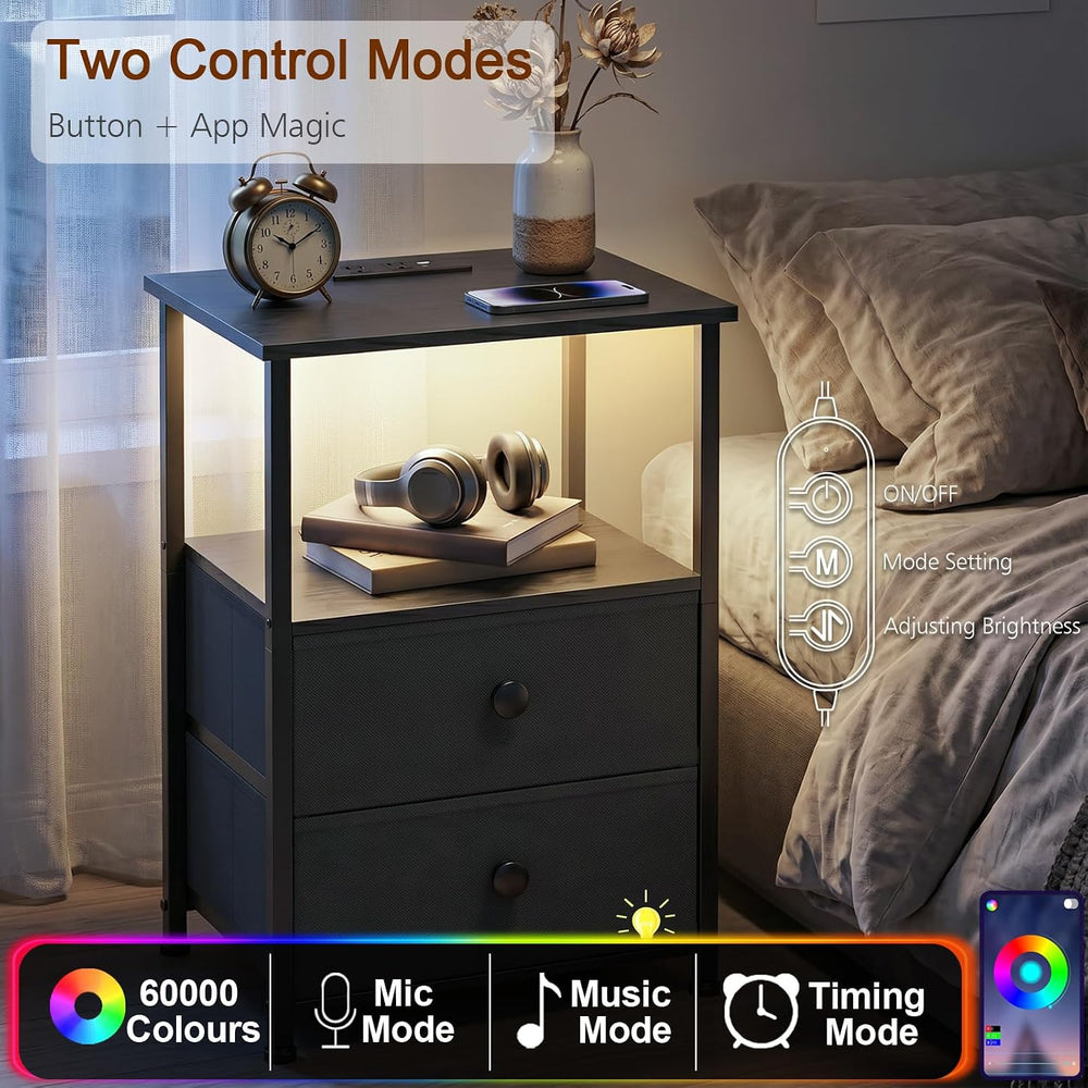 LOAKEKEL Nightstands Set of 2, LED Night Stand with Charging Station | Bedsid...