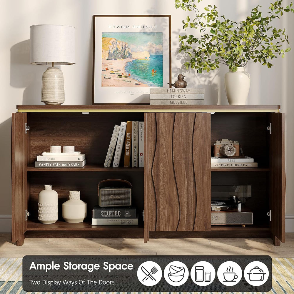 Vabches Fluted Buffet Cabinet with Storage, 3D Ripple Pattern Doors and Curve...