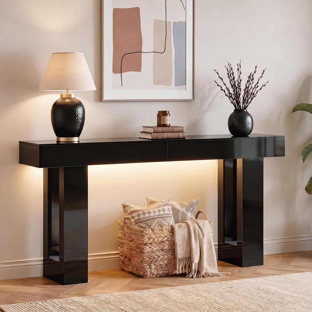 ChooChoo High Gloss 63 Inch Long Console Table with LED Light | Modern Entryw...