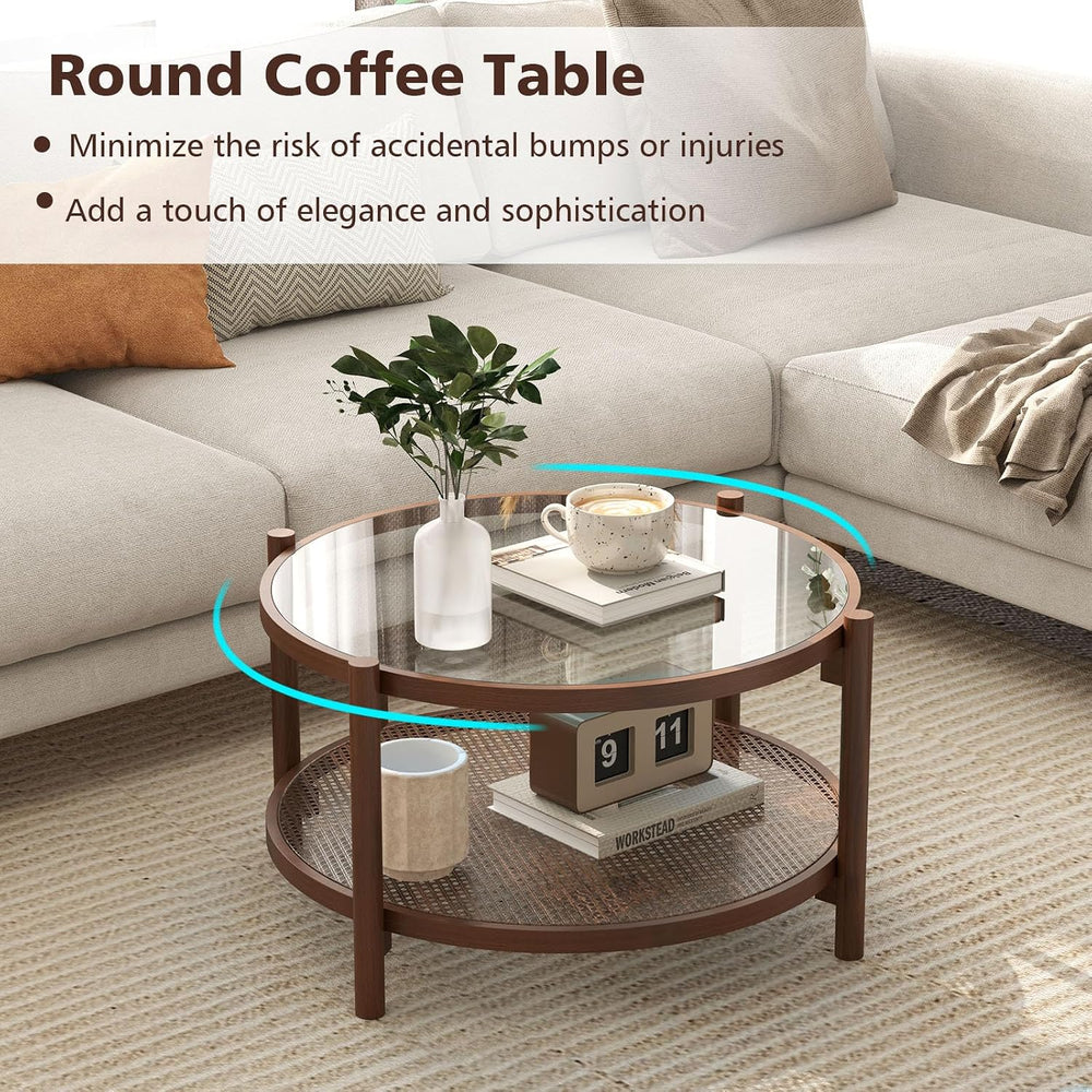 Rattan Coffee Table, 2-Tier Boho Glass Coffee Table with Solid Wood Frame &am...