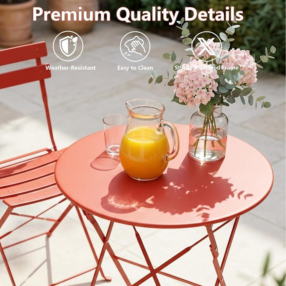 3 Piece Outdoor Bistro Set, Red Folding Table & Chairs for 2