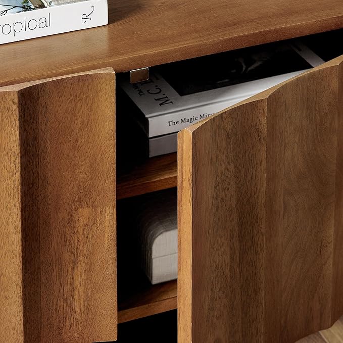 Modway Sorren 54 Inch Scalloped TV Stand in Walnut – 3 Door Media Console Cab...