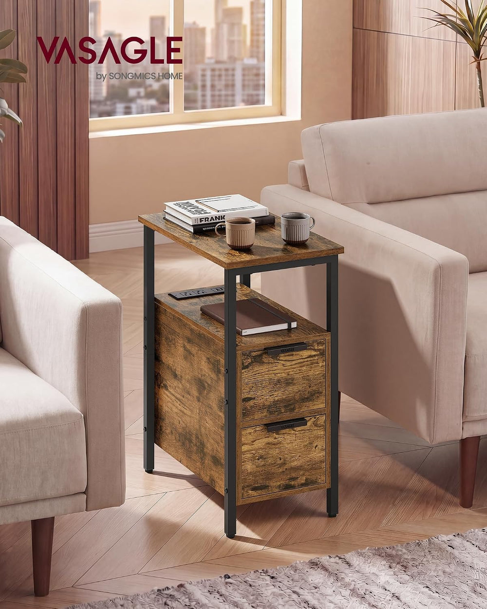 VASAGLE Side End Table with Charging Station, Slim Nightstand with 2 Drawers,...