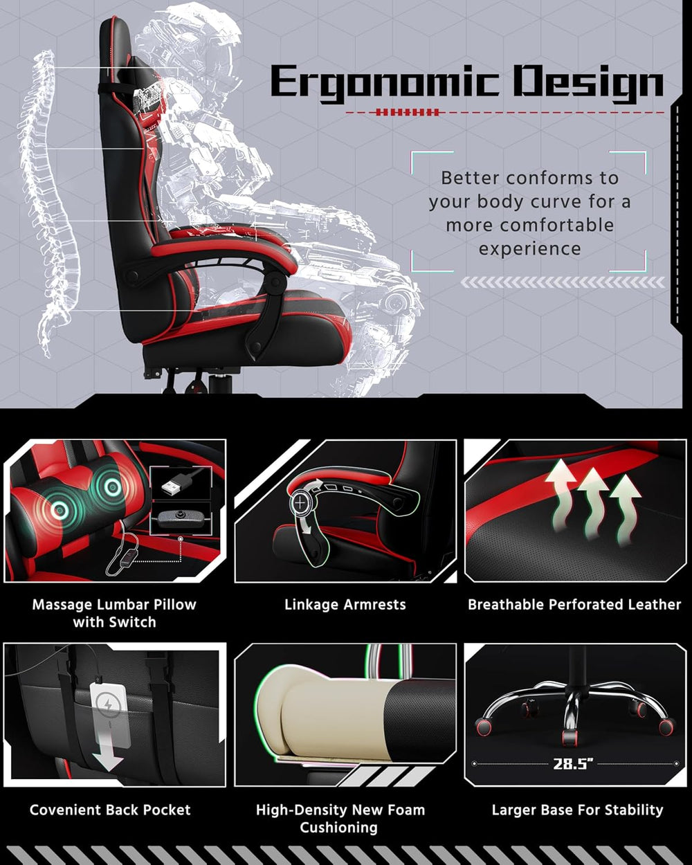 Yaheetech Gaming Chair with Massage Lumbar Pillow High Back Reclining Red | P...
