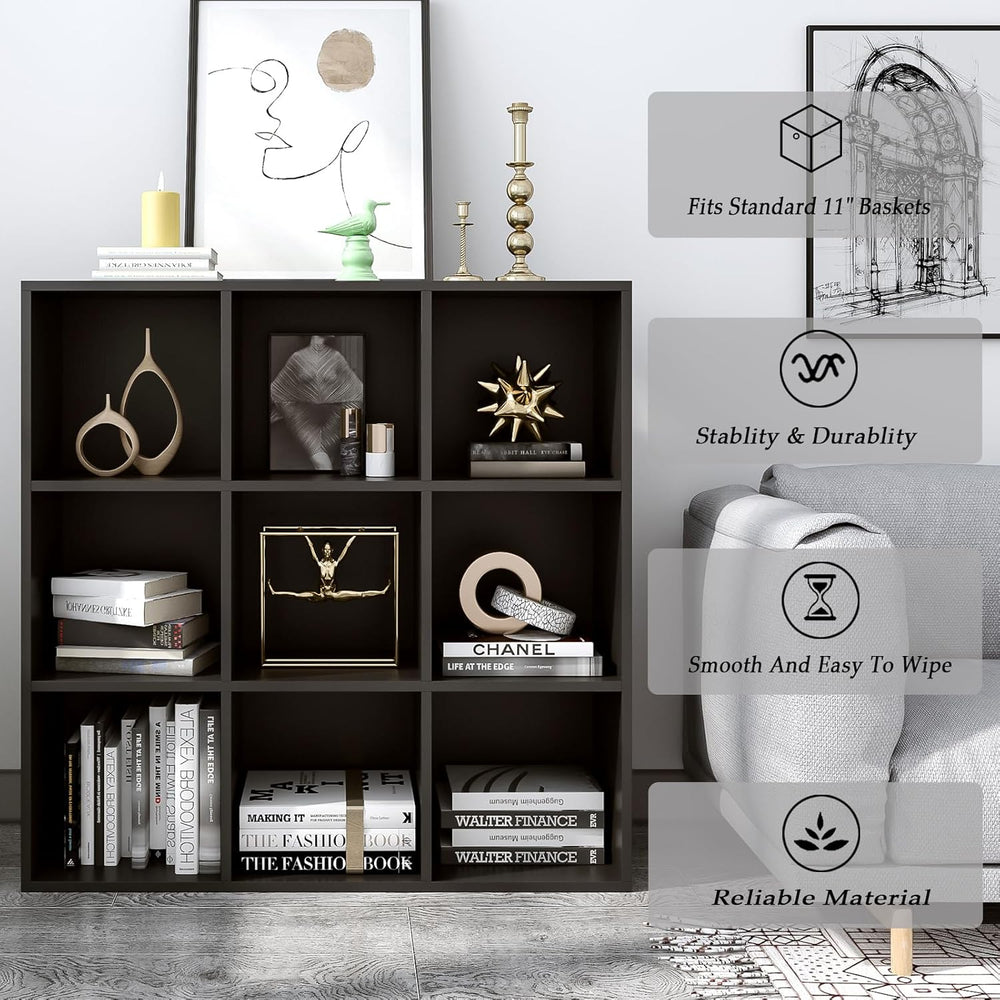 9-Cube Storage Shelf Bookcase - Wooden 3-Tier Free Standing Open Bookshelf fo...