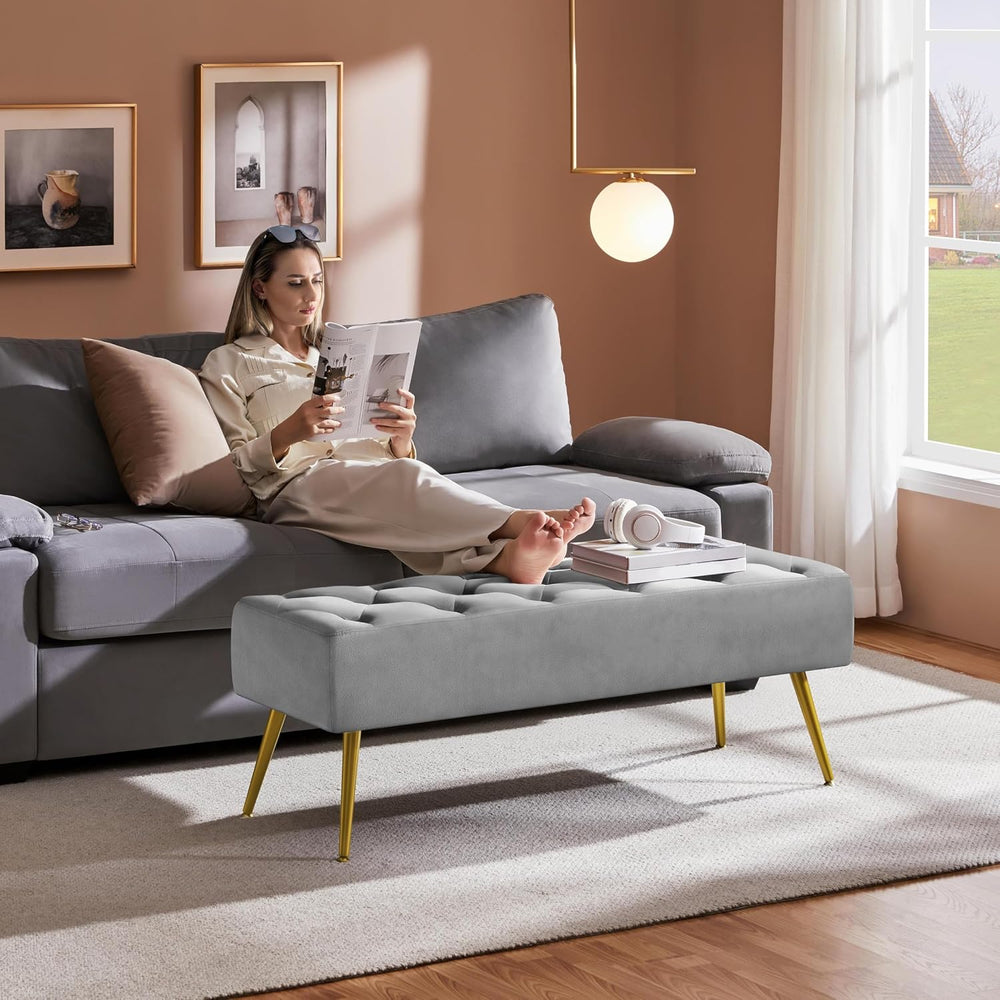 Yaheetech 45in Upholstered Velvet Ottoman Bench Seat with Gold Legs, Gray | T...