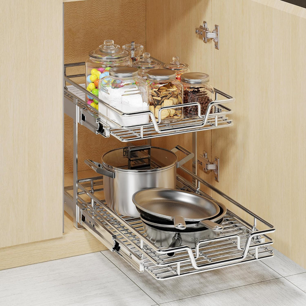 2-Tier Kitchen Cabinet Pull Out Shelf and Drawer Organizer Slide Out Pantry S...